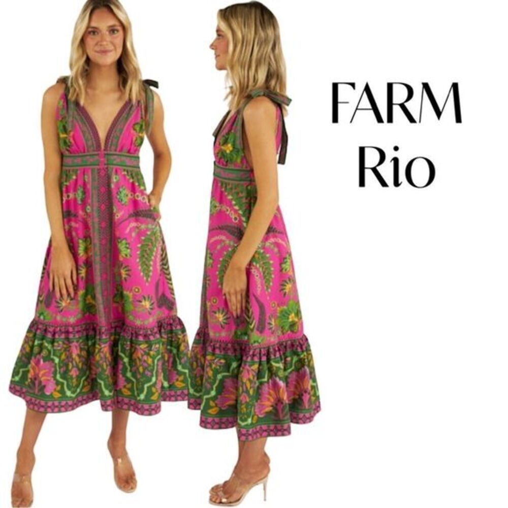 FARM Rio Ana Tapestry Midi Dress Pink and Green Sz S NWT